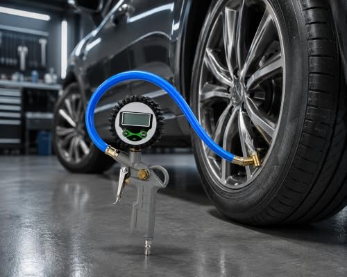 Image of Digital Tire Pressure Gauge Inflator Gun with LCD Display, Heavy Duty Air Compressor Tool with Brass Nozzle & Flexible Hose, Accurate PSI Meter for Car, Bike, Motorcycle & Bicycle Tires