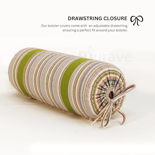 Image of AURAVE Woven Cotton 144 TC Bolster Cover with Drawstring Closure, Set of 2, Soft Breathable Durable Machine Washable for Sofa Bed & Home Decor, 15 inchx30 inch, Green | Cover Only