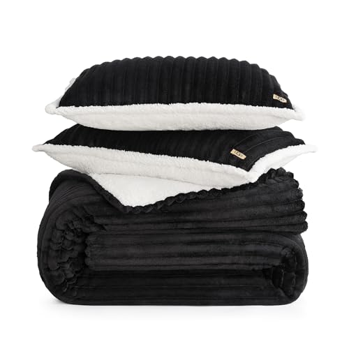 UGG Avery Queen Comforter Set with 2 Pillow Shams with Plush Flannel Reversible Down Alternative Full Bedding Soft Fluffy Warm Comforter Full/Queen - 90x92 Ink Black