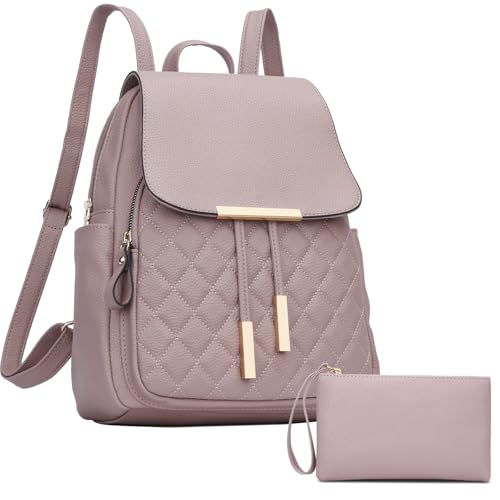Image of KKXIU Quilted Trendy Leather Backpack Purse for Women and Ladies Shoulder Travel Daypacks Bags with Wristlets (Y-Pink)