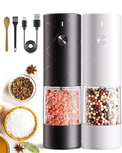 Salz und Pfeffermühle elektrische 2er Set, USB wiederaufladbare-Gewürzmühle elektrisch, einstellbare Grobheit, LED-Licht, Einhandbedienung für Küche BBQ