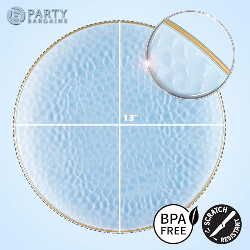 PARTY BARGAINS 13-Inch Charger Plates - 48 Pack, Hammered Blue Gold Rim, Heavy-Duty Disposable Chargers for Elegant Dining - Ideal for Weddings and Formal Events