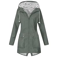 Veste Imperméable Femme Manteau Long Imperméable Femmes Capuche Coupe Vent Manches Longues Couleur Unie avec Zippé Poches Veste De Sport Randonnée Pluie Femmes Vestes Automne Hiver (02 Silver, L)
