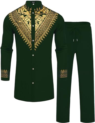 Mens African 2 Piece Set Metallic Traditional Suit Gold Stamp Printed African Dashiki Shirt and Pants Outfit