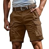 Men's Cargo Shorts Outdoor Sports Combat Cargo Short for Men UK Plus Size Elasticated Waist Work Shorts Breathable Cotton Multi-Pockets Short Casual Knee Length Pants Summer Comfort Workwear Coffee