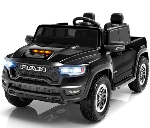 Segmart Licensed RAM 1500 RHO 2 Seater Electric Car, 24V Ride on Car for Big Kids with Remote Control, Toddler Ride on Toy w/4 Wheels Suspension, LED Lights, Bluetooth, Soft Start Function (Black)