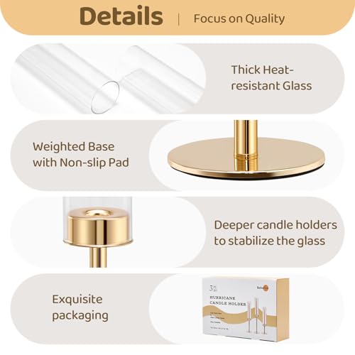 Gold Hurricane Candle Holders Set of 3, Tall Metal & Windproof Glass Taper Candle Holders, Brass Candlesticks Holder Decorations, Table Centerpieces for Weddings, Christmas, Parties, Fireplace Decor - Image 6