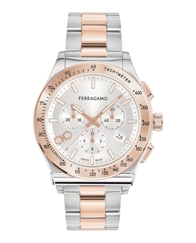 Ferragamo Ferragamo 1927 Chrono Collection Luxury Mens Watch Timepieces with a Two Tone Bracelet and Case Featuring a Silver Dial