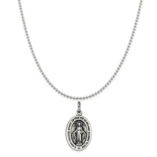 Sterling Silver Antiqued Miraculous Medal on a Sterling Silver Ball Chain Necklace, 20"