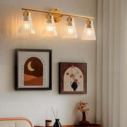 Image of 4-Light Bathroom Vanity Light, Painted Gold Bathroom Light Fixtures Over Mirror with Stripe Glass, Modern Wall Lamp, Wall Sconces Lighting for Living Room Bedroom Kitchen Hallway