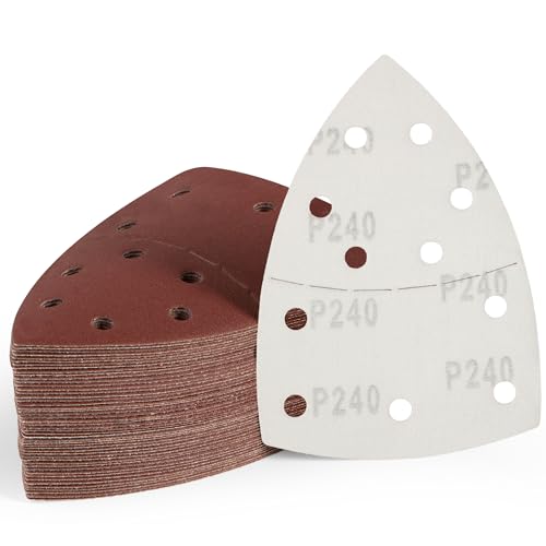 S SATC 50 PCS Mouse Sander Sandpaper 11 Holes 240 Grit Detail Sander Sandpaper Palm Sander Paper Hook and Loop Sander Pads Triangular Sanding Sheets