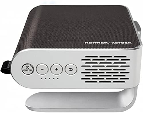 அருகாமையில் ViewSonic M1+ projector's control panel with power, volume, and back buttons.