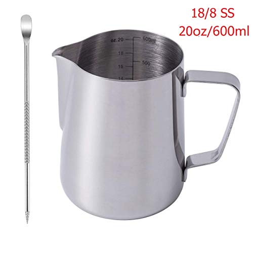 Wingjip Milk Frothing Pitcher Cup 20oz, Espresso Steaming Pitcher Milk Frothing Measurement Cup 20oz (600ml) Coffee Maker Accessories for Latte Art