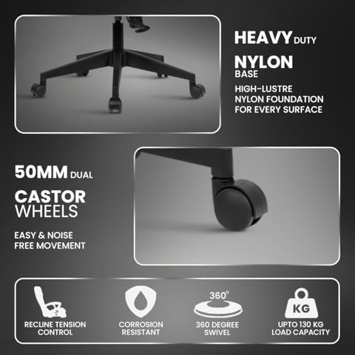 Image of Kepler Brooks Pulse Office Chair for Work | 3-Year Warranty | Ergonomic Office Chair, Study Chair for Home, 1D Arms, Single Lock Recliner, Heavy Duty Nylon Base (Black)