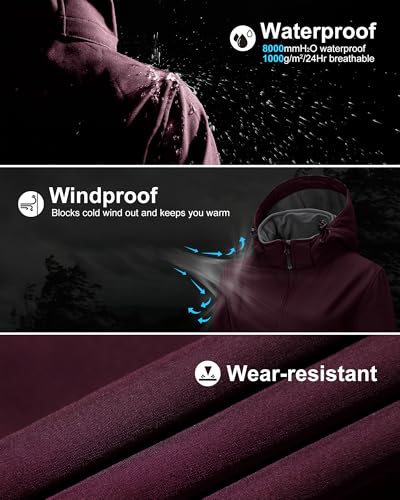 33,000ft Softshelljacke Damen Lange Übergangsjacke Wasserdicht Winddicht Softshellmantel Windbreaker Atmungsaktiv Wanderjacke Outdoor Mantel mit Abnehmbarer Kapuze, Himbeerrot L