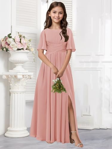 BOLENSYE Short Sleeve Junior Bridesmaid Dresses for Wedding Chiffon Flower Girls Dress Birthday Party Gown with Slit3