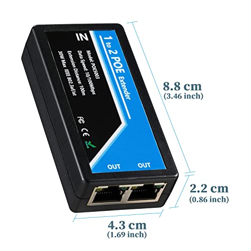 Image of Revotech 2 Port POE Extender POE+ Repeater 100 Meters(328 ft) Extender 1 in 2 Out Comply IEEE 802.3af /at Standard 10,100Mbps for Security POE Camera Over Cat5 /Cat6 or UTP Cables(POE5003)