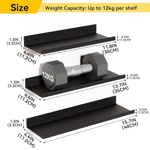 Qaxinmi Schwarze Schweberegale, 3er Set, Industrieller Stil Metall Wandregale, Verschiedene Größen Wandmontiertes Lagerregal für Schlafzimmer, Wohnzimmer, Badezimmer, Küche
