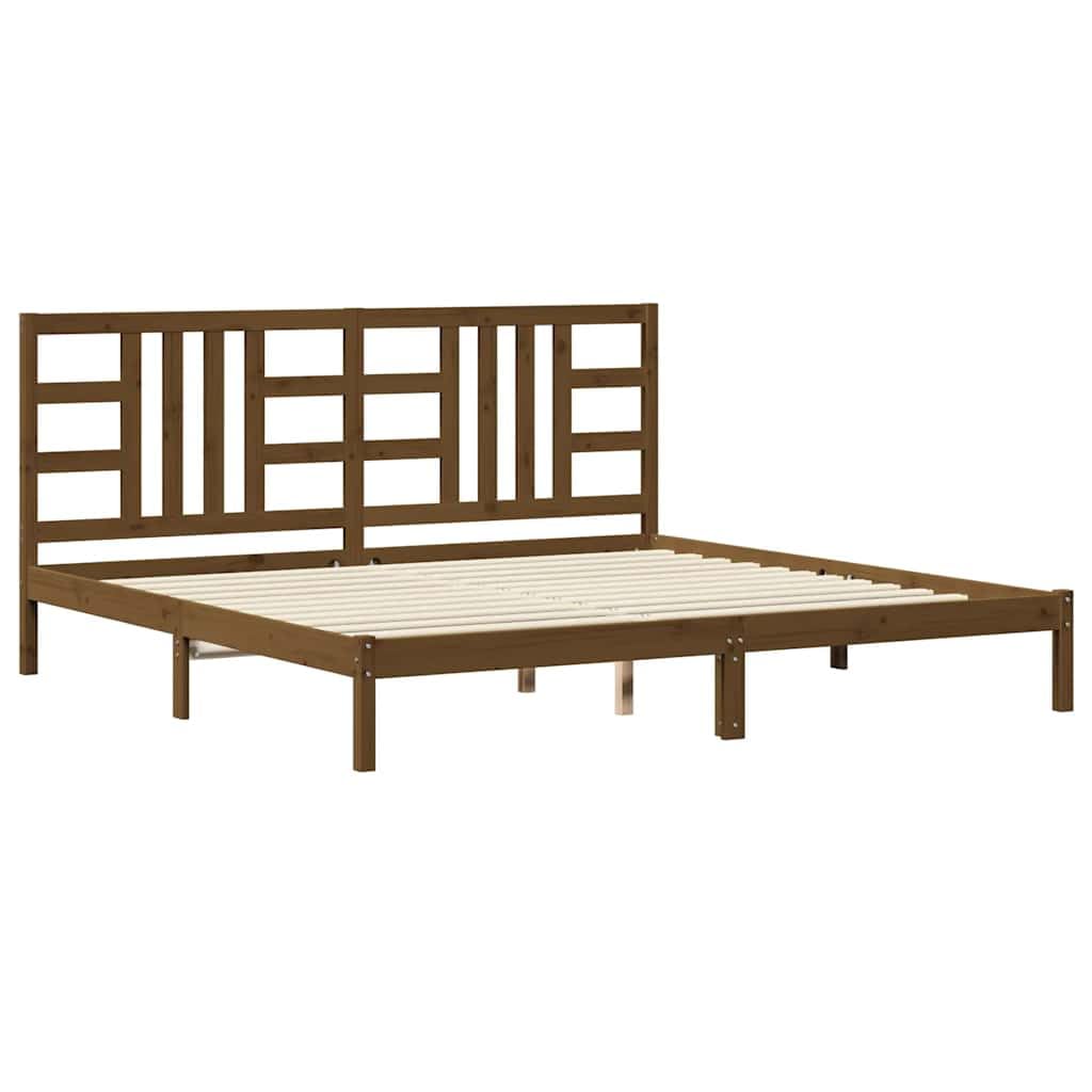 Lite drewno sosnowe Klasyczny design z zagłówkiem Brąz 200x200 cm | Rama łóżka 200x200 cm, lite drewno sosnowe, miodowy brąz, zagłówek, listwy ze sklejki
