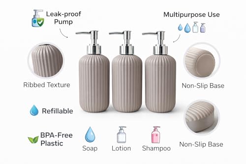 Image of LAGET 300ml Soap Dispenser for Wash Basin - Plane Ribbed Design | Kitchen and Bathroom Accessories Items | Refillable Handwash Dispenser Bottle- Set of 3 (Grey)