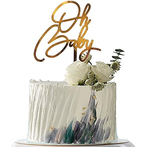 YUINYO Oh Baby Cake Topper -Gold Acrylic-Baby Shower Cake Topper For Baby Showers and Gender Reveal Parties for Boys and Girls Cover