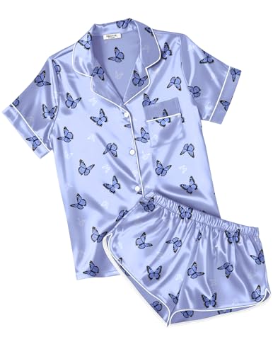 Ekouaer Womens Satin Pajama Set Silk Pjs Shorts Set Blue Butterfly XX-Large