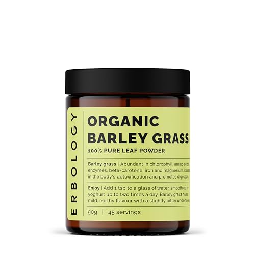 Erbology Polvo de hierba de cebada orgánica 90 g, 45 porciones, limpieza corporal y apoyo a la salud intestinal, rico en clorofila, hierro y magnesio, de origen sostenible en Europa, vegano, sin OMG