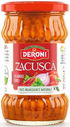 Deroni Zacusca, Crema de Pimientos Asados y Guindillas, Aperitivo Vegetal Picante, 245 g