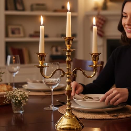 Image of 3 Arm Aluminum Candelabra Gold Finished 12 Inch Candelstick Holders Gothic Decorations | Candle Holder for Home Decor, Wedding & Centerpiece for Dining Table
