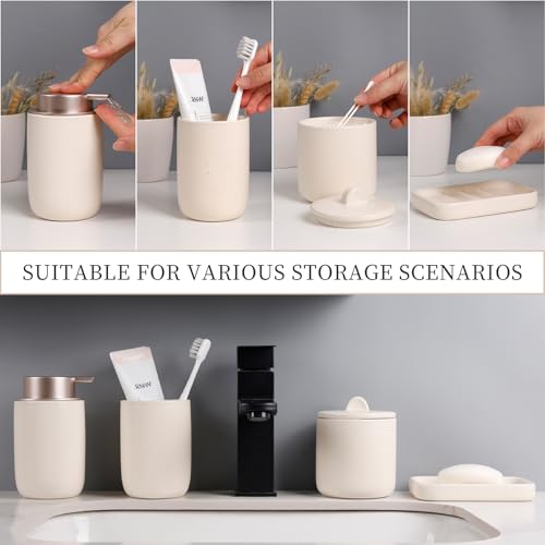 Image of BosilunLife Apricot Ceramic Bathroom Accessories Set of 4 | Bathroom Decor Sets Accessories Bathroom Lotion Soap Dispenser and Toothbrush Holder Set, Soap Dish, Apothecary Jars.(Liquid)