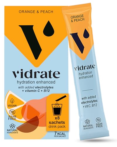 Vidrate Electrolytes Powder - Hydration Sachets Packed with Vitamins - Zero Sugar Rehydration Sachet No Artificial Sweeteners & Preservatives - Orange & Peach Small Pack 8 Electrolytes Sachets