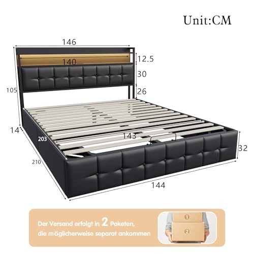 BRYXR Bett 140x200cm, Doppelbett mit LED-Beleuchtung, Hydraulischem Stauraum und USB-Ladefunktion, Modernes Polsterbett für Jugendliche in Schwarz PU, inklusive Lattenrost, ohne Matratze