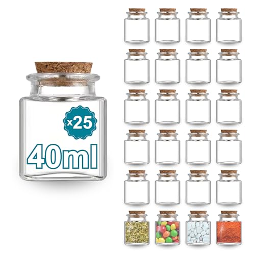 Espirito Rebelde Pack 25 Pots en Verre Carrés 40 ml avec Bouchon en Liège : Parfait pour Épices, Confitures, Cosmétiques | Cadeaux de Mariage | Bocal...