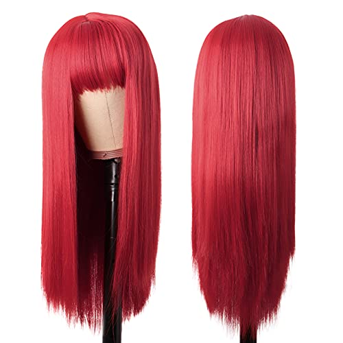 MapofBeauty 24 Inch/60 cm Women Long Straight with Flat Bangs Synthetic Hair Heat Resistant Fiber Hair for Party Cosplay Wig (Red) - Image 6
