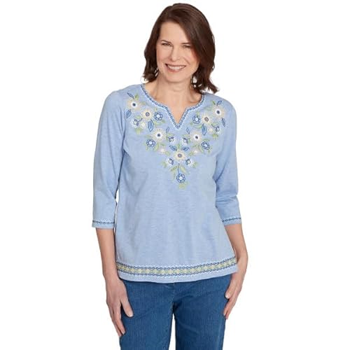 Alfred Dunner Flower Power Embroidered Daisy Yoke Cotton/Ploy Top, Blue, S