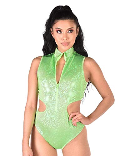 iHeartRaves Broken Glass Holographic Cutout Bodysuit (Neon Green, Small)