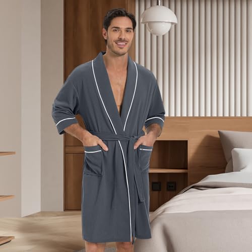 Image of SIORO Men's Waffle Knit Robe with Shawl Collar, Short Lightweight Bathrobe with Pockets, Perfect for Spa, Summer & Shower
