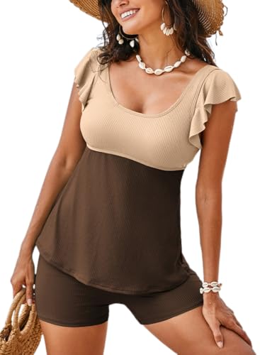 Aleumdr Tankini Swimsuits for Women 2 Piece Tummy Control Bathing Suit Blouson Swim Top with Boy Shorts Color Black Brwon Large