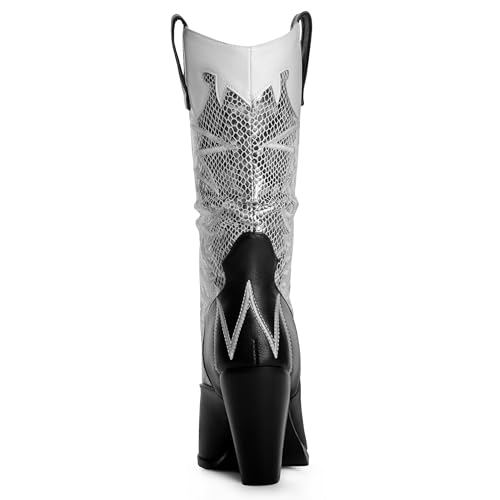 Image of ANN CREEK Women's Cowboy Boots Cowgirl Mid Calf Knee-high Boots Contrast Embroidery Pointed Toe Chunky Heel Western Wide Calf