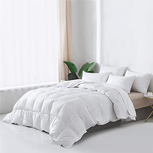 Everspread Perfect Percale Bedding Bundle - 4 Piece Sheet Set (Queen, Light Beige) & Goose Down Comforter (Queen) #TOP6