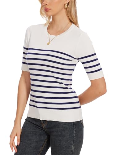 Image of Spicy Sandia Women's Short Sleeve Sweater Casual Knit Pullover Top for Summer Lightweight White and Navy Striped M
