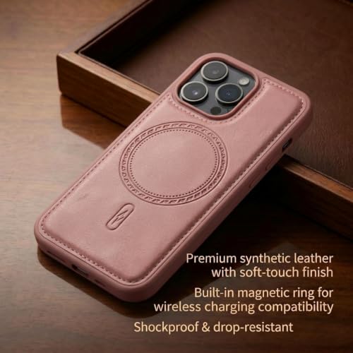 Image of amazon basics Premium PU Leather Case for iPhone 15 Pro, MagSafe Compatible Magnetic Ring, Sleek Protective Back Cover - [Pink]