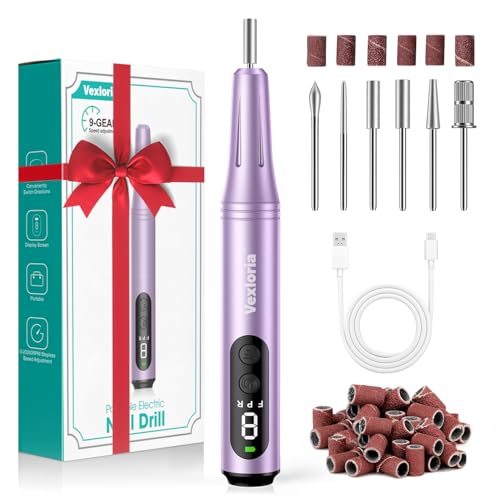 Vexloria Kabellos Tragbar Nagelfräser, 11 in 1 Professionell Elektrische Nagelfräser für Gelnägel und Acrylnägel, Verstellbare Geschwindigkei Fräser, Profi Maniküre und Pediküreset, Violett