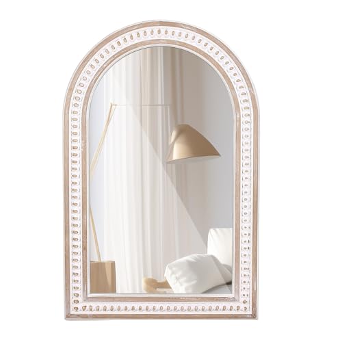 Image of 36x24 Inch Boho Beaded Arched Wall Mirror for Bathroom Over Sink, Rustic Farmhouse Decorative Arch Mirrors for Living Room, Entryway, Hallway