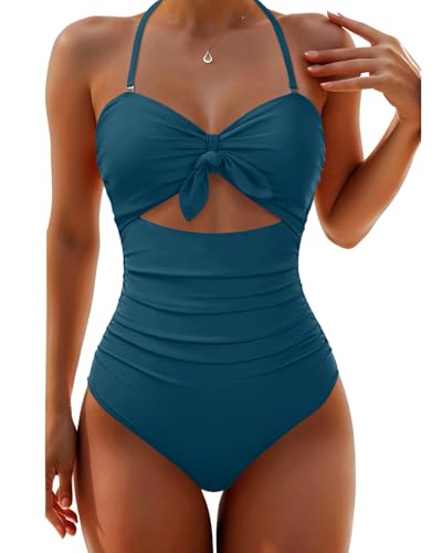 Image of Tempt Me Women Sexy Cutout One Piece Swimsuits Tummy Control High Waisted Halter Front Tie Knot Bathing Suit
