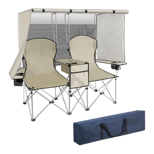 BDL Double Camping Chair with Canopy, Two Person Folding Loveseat with Shade, Heavy Duty Beach Chair with Cooler Bag, Cup Holder for Outside, Fishing, Sports, Beach-White