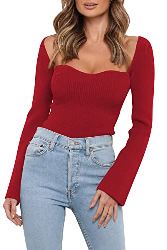 Image of LILLUSORY Women's Sweetheart Neckline Sweater 2024 Spring Ribbed Knit Slim Fit Pullover Tops