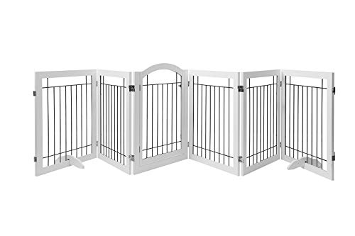 Pawland 144-Inch Extra Wide 30-Inches Tall Dog Gate With Door Walk Through, Freestanding Wire Pet Gate For The House, Doorway, Stairs, Pet Puppy Safety Fence, Support Feet Included, White,6 Panels #TOP3