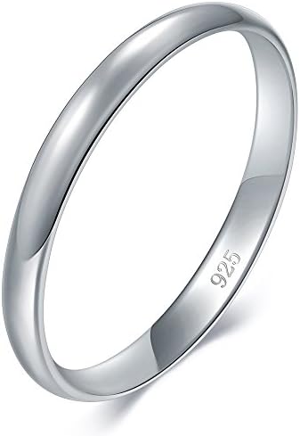 BORUO 925 Sterling Silver Ring High Polish Plain Dome Tarnish Resistant Comfort Fit Wedding Band 2mm Ring Size 6.5