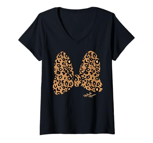 Womens Disney Minnie Mouse Leopard Print Bow V-Neck T-Shirt,Short Sleeve
